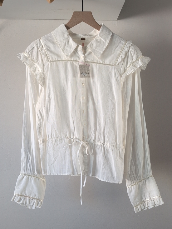 Free People Tops - Free People Cream Ruffle-Trim Drawstring Button-Down Shirt